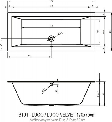 Ванна акриловая Riho Lugo 170х75 R B132015005 (BD6100500000000) без гидромассажа прямоугольная