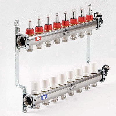 Коллекторная группа 1" Uni-Fitt 450A нерж. сталь 6 выходов 3/4" с расходомерами и термостатическими вентилями с авт.воздухоотводчиком (450A4306)