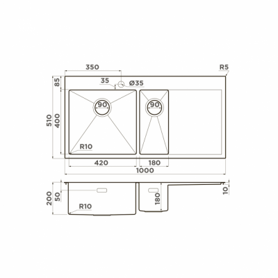 Мойка OMOIKIRI AKISAME 100-2-LG-L нерж. сталь золото прямоугольная 1000x510 (4973089)