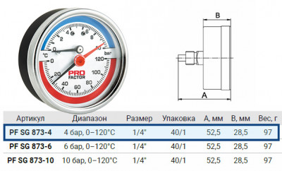 Термоманометр ProFactor PF SG 873-4 Ø63mm, аксиальное присоединение