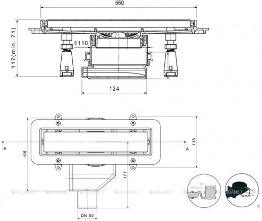 Линейный трап Pestan Confluo Premium Gold Black Glass Line, 13100115, 550мм  Нержавеющая сталь / Пластик / Стекло