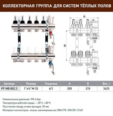 Коллекторная группа ProFactor PF MB 802.3 для систем тёплых полов с расходомерами и термостатическими клапанами с регулирующими ручками, с дренажными кранами и воздухоотводчиками