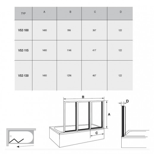 RAVAK 795V0U00Z1 шторка для ванны Supernova VS3 130, сатин/стекло