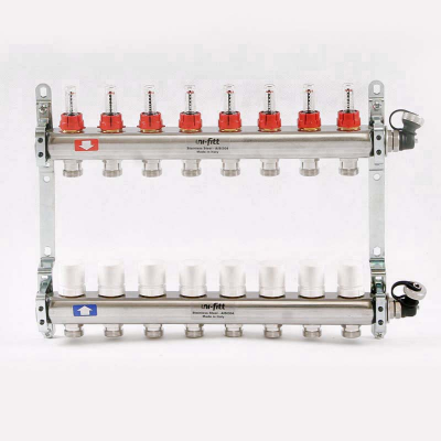 Коллекторная группа 1" Uni-Fitt 450A нерж. сталь 8 выходов 3/4" с расходомерами и термостатическими вентилями с авт.воздухоотводчиком (450A4308)