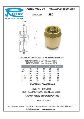 Клапан Remer RR 380 обратный  3/4 " сердечник латунный