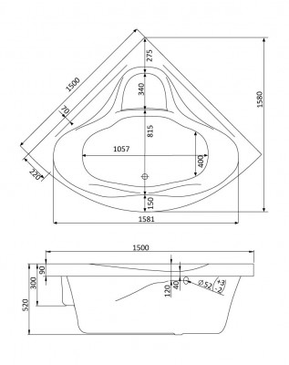 Акриловая ванна Сан-Паулу 150х150 симметричная белая 1WH302399