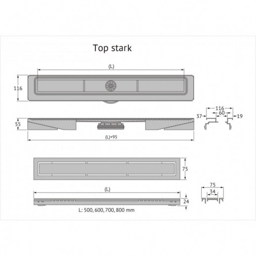Желоб BERGES водосток TOP Stark 800, хром глянец, S-сифон D50 H60 боковой