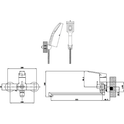 Смеситель для ванны ESKO Singapore Black SB 31 универсальный черный с душевым гарнитуром