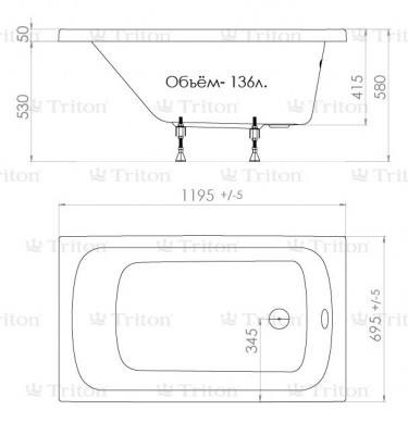 Ванна акриловая Triton Стандарт 120х70 см