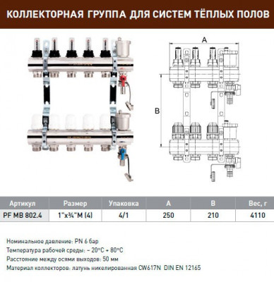 Коллекторная группа ProFactor PF MB 802.4 для систем тёплых полов с расходомерами и термостатическими клапанами с регулирующими ручками, с дренажными кранами и воздухоотводчиками