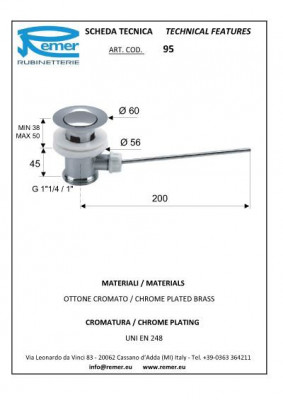 Remer 95 донный клапан с переливом, хром