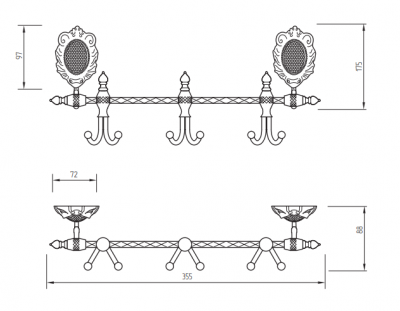 Планка с тремя двойными крючками 40 см Migliore Cleopatra 16635, бронза