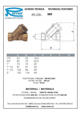 Фильтр косой 400 мкм Remer RR 389 2", латунь