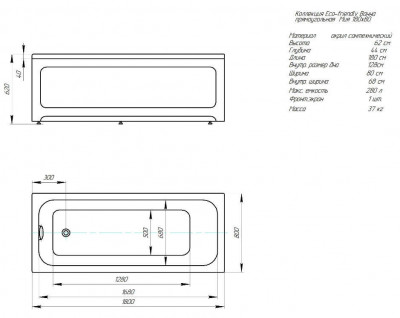 Ванна акриловая Aquatek Мия прямоугольная 180x80 MIY180-0000001