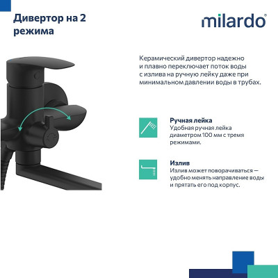 Смеситель для ванны Milardo Rora RORBL00M10 универсальный черный с душевым гарнитуром