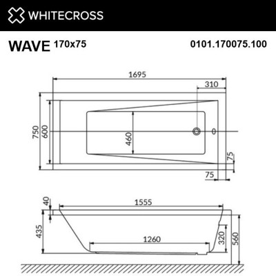 Ванна прямоугольная WHITECROSS Wave 170x75 акрил (0101.170075.100)
