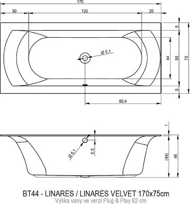 Ванна акриловая Riho Linares 170х75 L B141011005 (BD5400500000000) без гидромассажа прямоугольная