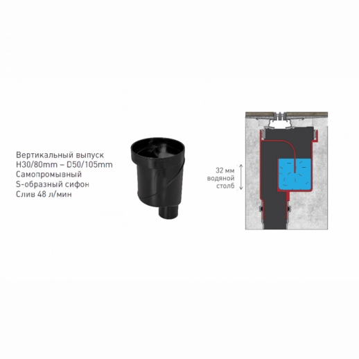 Желоб BERGES водосток TOP Stark 800, хром глянец, S-сифон D50/105 H50 вертикальный