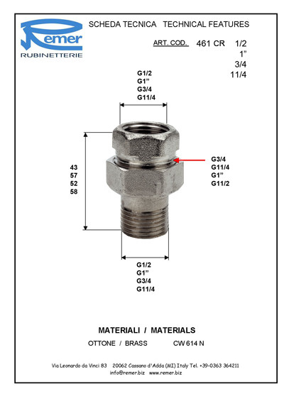 Американка RR 461 ¾" прямая, никелированная REMER (461CR34)