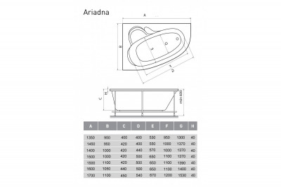 Ванна акриловая левосторонняя Relisan ARIADNA Гл000000953 140x100 угловая 190 л