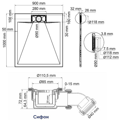 Душевой поддон из стеклопластика WasserKRAFT Elbe 100x90 74T22 черный матовый прямоугольный