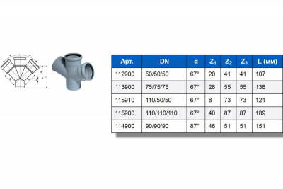 Крестовина HTDA 110/110/110/67° для внутренней канализации (115900) Ostendorf