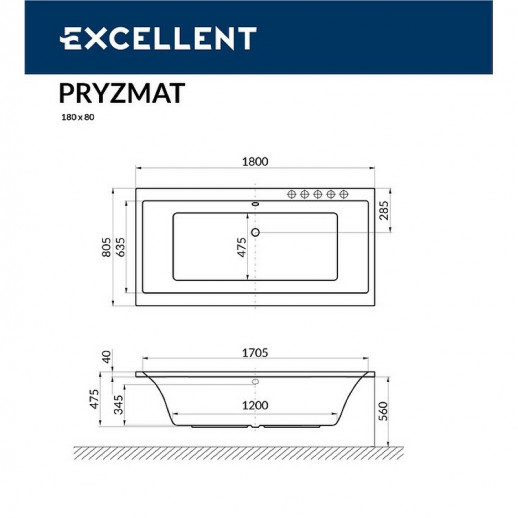 Ванна акриловая Excellent Pryzmat 180x80 WAEX.PRY18.SMART.BR с гидромассажем прямоугольная