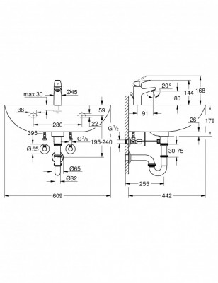 Набор для ванной GROHE Bau Ceramic: раковина, смеситель StartFlow и сифон (39472000)
