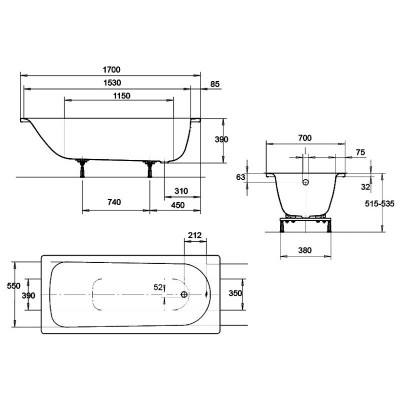 Kaldewei Eurowa 312 стальная ванна без гидромассажа (сталь 2,5 мм), 170 см х 70 см