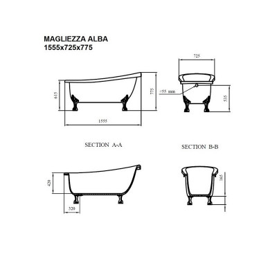 Ванна Magliezza Alba 155,5x72,5 акриловая (ножки золото)