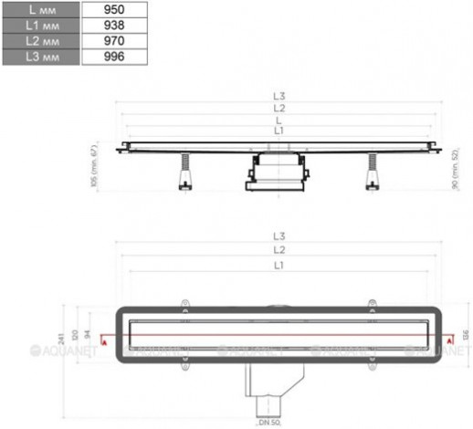 Душевой лоток Pestan Confluo Premium Gold Line 13100167, 950мм Нержавеющая сталь / ABS-пластик