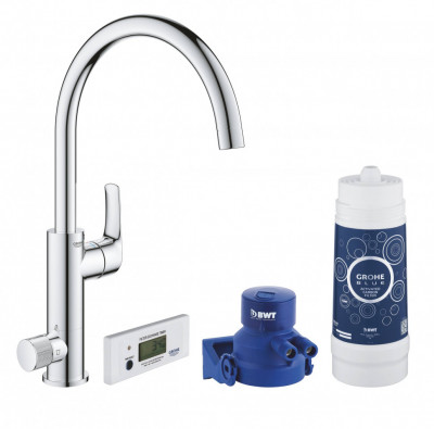 Смеситель для кухни GROHE Blue Pure Eurosmart, без электроники с C-образным изливом, с головкой для фильтра и счетчиком, хром (30383000)