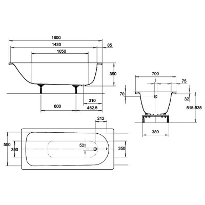 Kaldewei Eurowa 311 стальная ванна без гидромассажа (сталь 2,5 мм), 160 см х 70 см