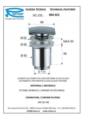 Remer 904 SCC 114 донный клапан Click-Clack, хром