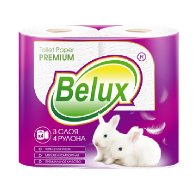 Туалетная бумага в рулонах Belux 3 сл., 4 рул., 18 м., 150 л., белая
