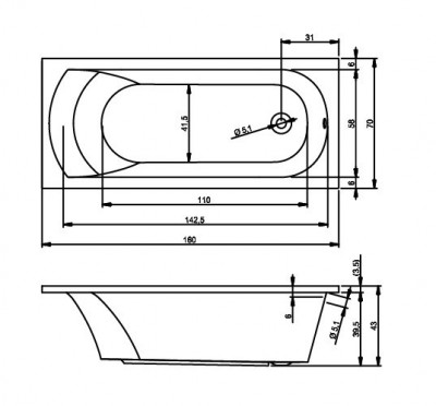 RIHO MIAMI BB60 ванна без гидромассажа, 160 см х 70 см