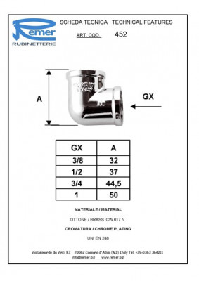 Уголок 3/8" гг Remer RR 452 FF, хром