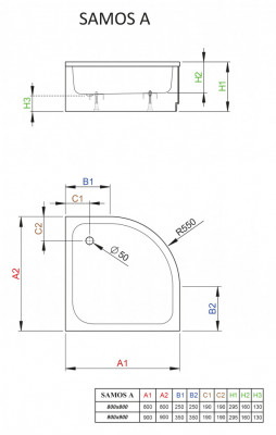 Акриловый поддон для душа Radaway Samos A 90x90x30 белый четверть круга