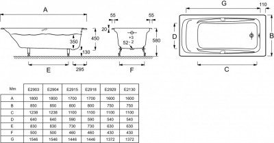 Ванна 180 х 85 см, с отверстиями для ручек JACOB DELAFON REPOS (E2903-00)