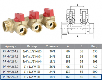 Коллектор ProFactor PF mv 265.4 1"- 1/2 " с краном, 4 выхода