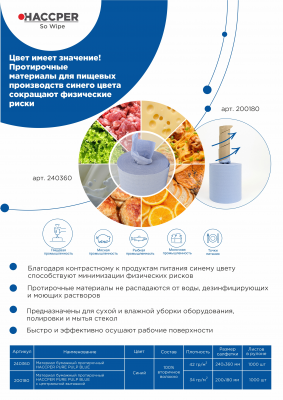 Материал бумажный протирочный HACCPER PURE PULP BLUE с центральной вытяжкой, 200x180 мм, синий