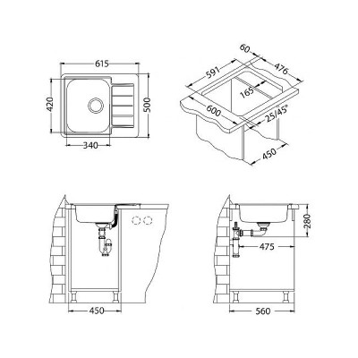 Мойка для кухни Alveus Line 110 NAT 90 FI 615x500 1122317 нерж сталь прямоугольная
