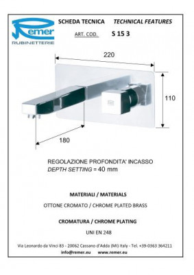 Remer SQ 3 S 15 3 встраиваемый смеситель для раковины, хром