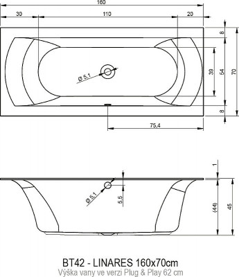 Ванна акриловая Riho Linares 160х75 L B140008005 (BD5200500000000) без гидромассажа прямоугольная